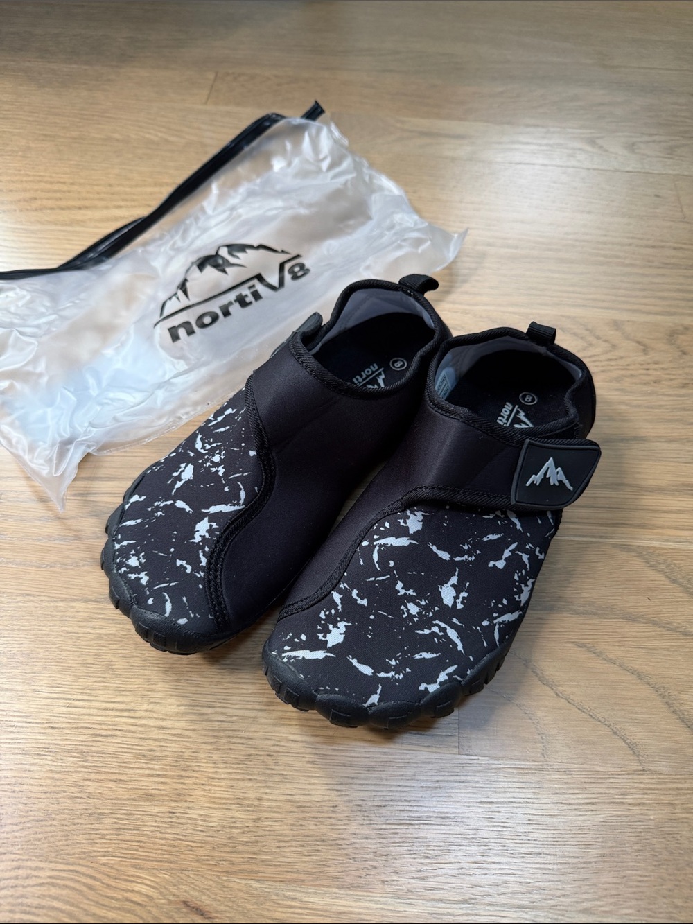 nortiv8 Kids Black Marble Water Shoes with Secure Hook-and-Loop Strap